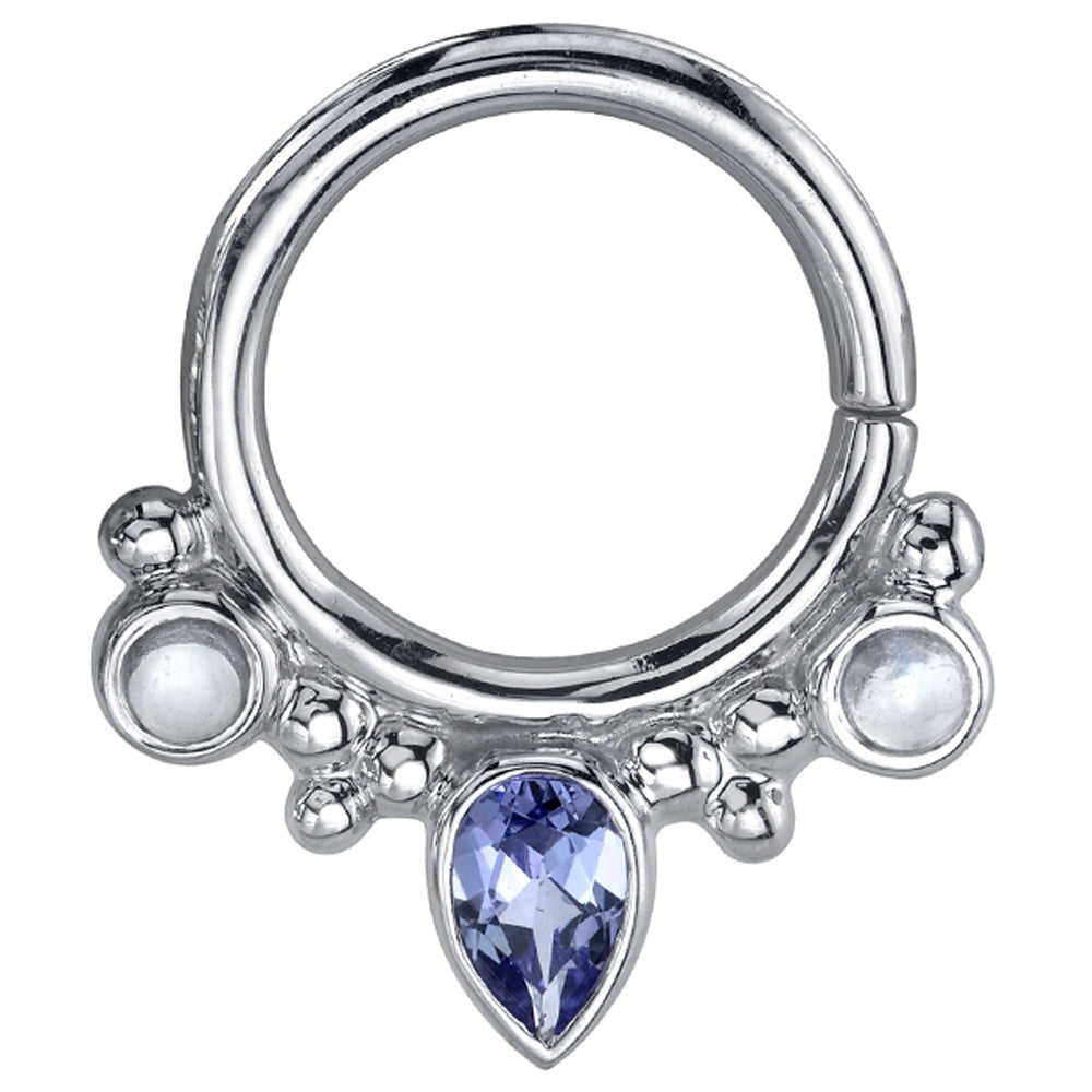 "Eden Pear" Hinge Ring in Gold & Platinum with Rainbow Moonstone & Tanzanite