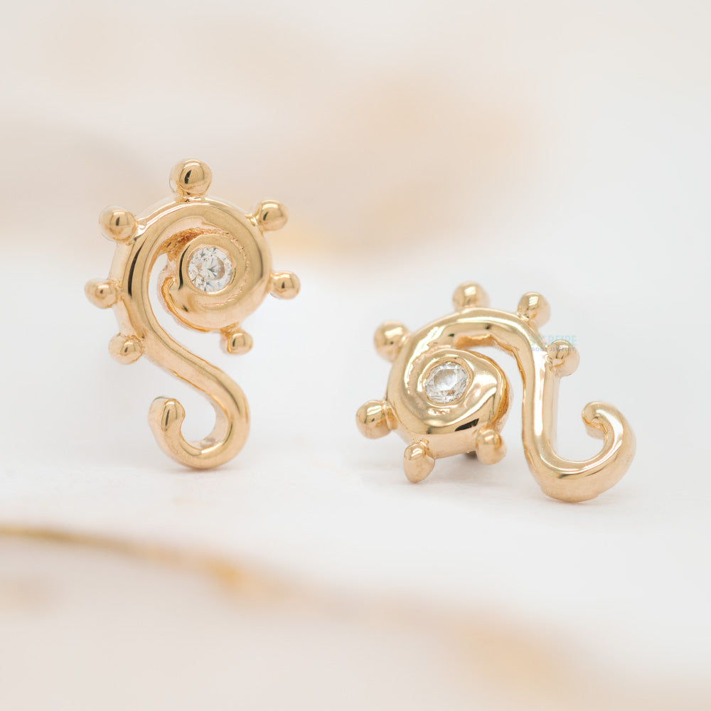 "Dots & Swirls" in Gold Threaded End with White CZ