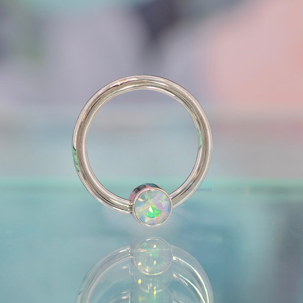 Gold Captive Bead Ring (CBR) with Bezel-set Faceted Water Opal Captive Bead