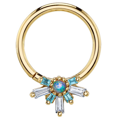 "Half Mininova" Seam Ring in Gold with DIAMOND, Swiss Blue Topaz & Genuine White Opal