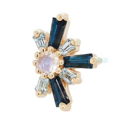 "Half Mininova" & "Half Supernova" Threaded End in Gold with London Blue Topaz' & Swiss Blue Topaz' surrounding a Rainbow Moonstone