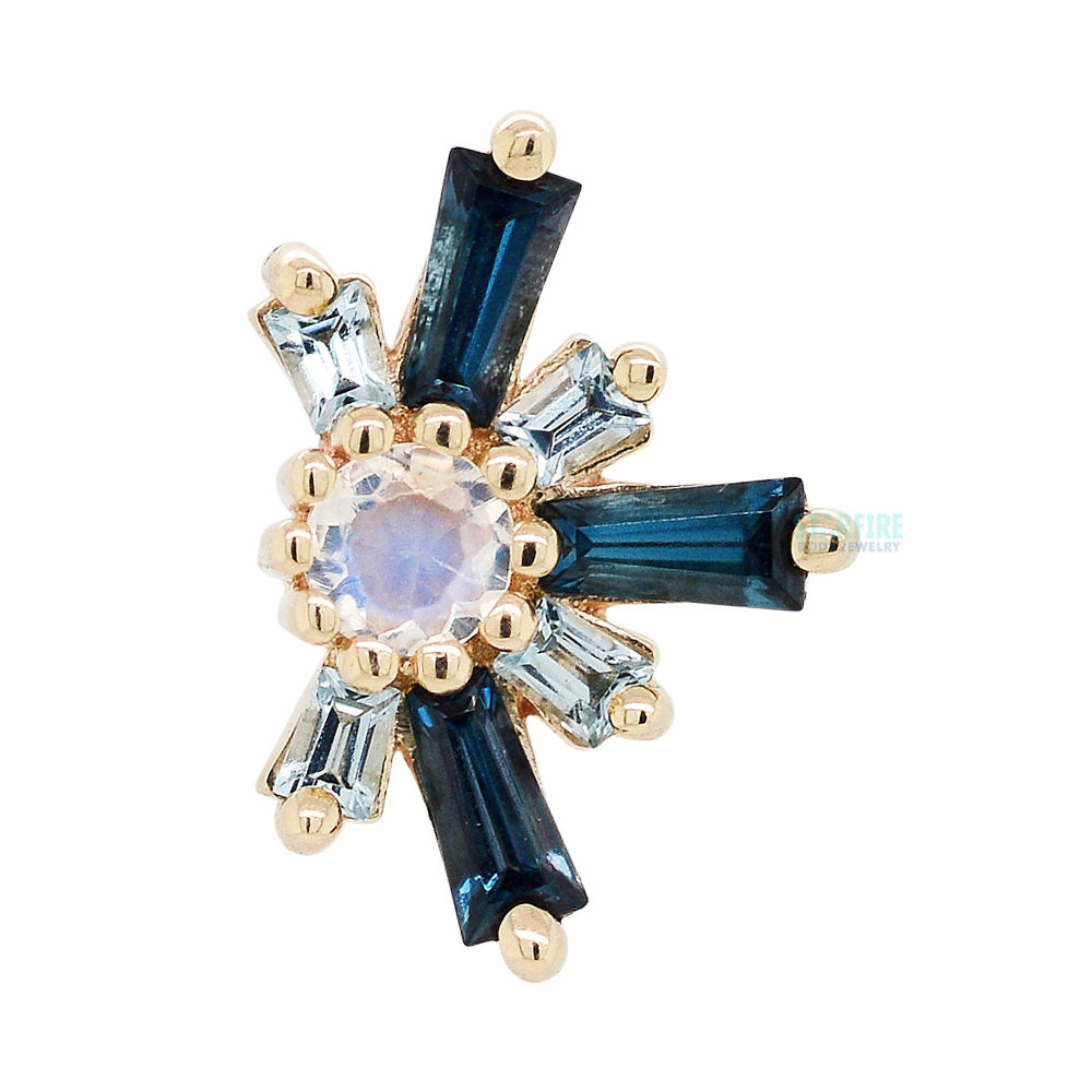 "Half Mininova" & "Half Supernova" Threaded End in Gold with London Blue Topaz' & Swiss Blue Topaz' surrounding a Rainbow Moonstone