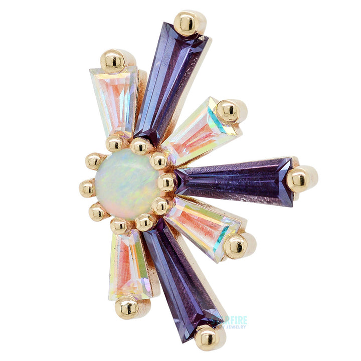 "Half Supernova" Threaded End in Gold & Platinum with Chatham Alexandrite & Mercury Mist Topaz surrounding a Genuine White Opal