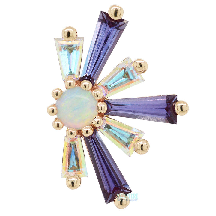 "Half Supernova" Threaded End in Gold & Platinum with Chatham Alexandrite & Mercury Mist Topaz surrounding a Genuine White Opal