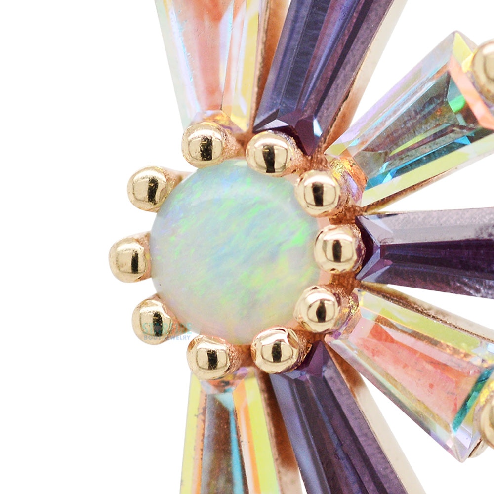 "Half Supernova" Threaded End in Gold & Platinum with Chatham Alexandrite & Mercury Mist Topaz surrounding a Genuine White Opal