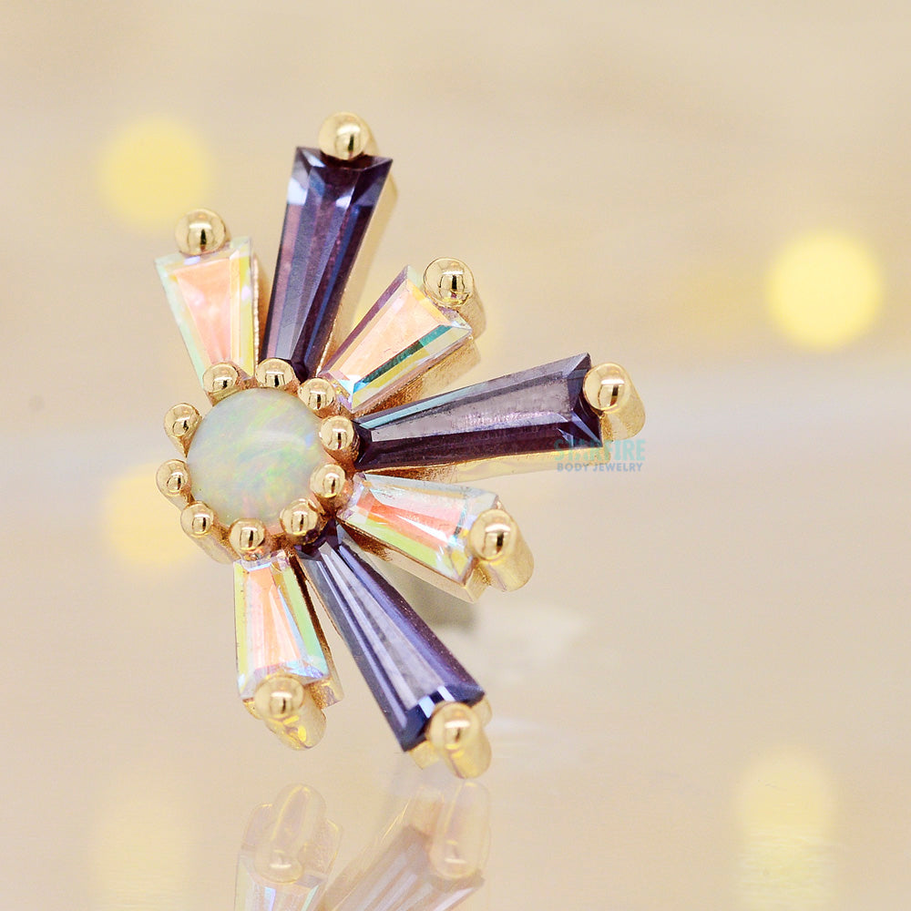 "Half Supernova" Threaded End in Gold & Platinum with Chatham Alexandrite & Mercury Mist Topaz surrounding a Genuine White Opal