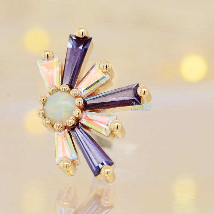 "Half Supernova" Threaded End in Gold & Platinum with Chatham Alexandrite & Mercury Mist Topaz surrounding a Genuine White Opal