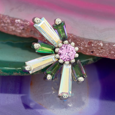 "Half Supernova" Threaded End in Gold with Mercury Mist Topaz & Mystic Topaz surrounding a Pink Sapphire