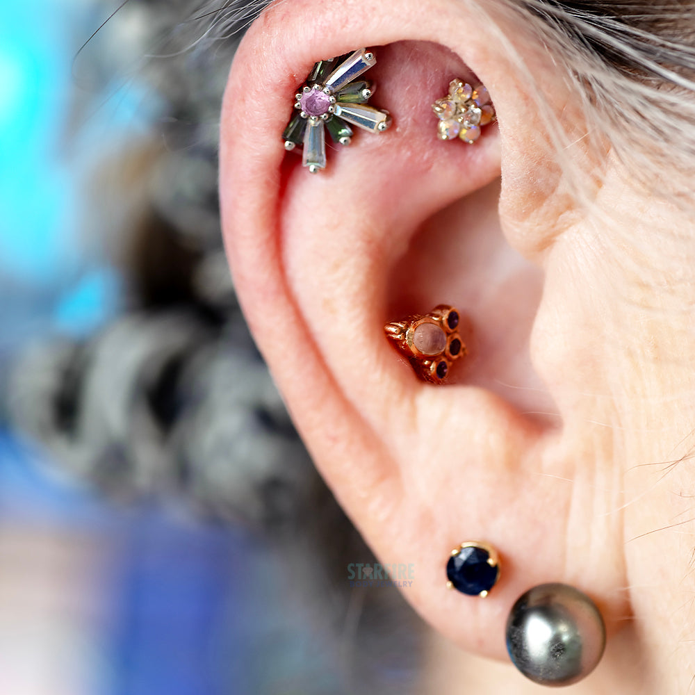 "Half Supernova" Threaded End in Gold with Mercury Mist Topaz & Mystic Topaz surrounding a Pink Sapphire