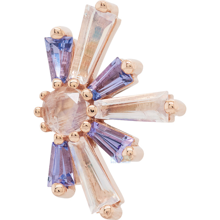 "Half Supernova" Threaded End in Gold with Rainbow Moonstone & Tanzanite