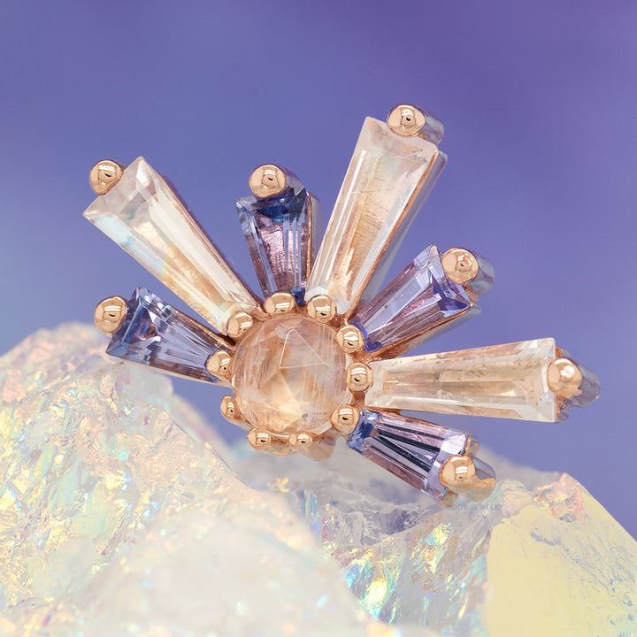 "Half Supernova" Threaded End in Gold with Rainbow Moonstone & Tanzanite