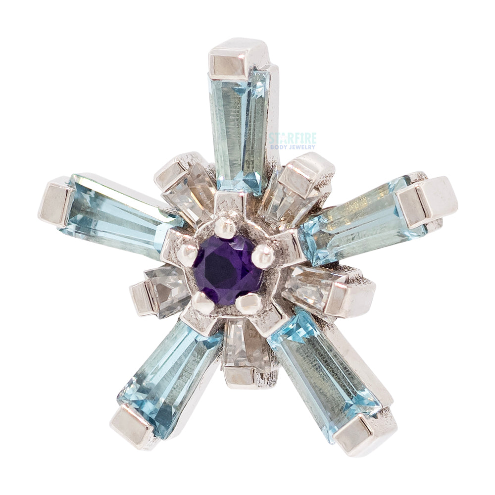 "Mininova" Threaded End in Gold with Swiss Blue Topaz' & White CZ's Surrounding an Amethyst