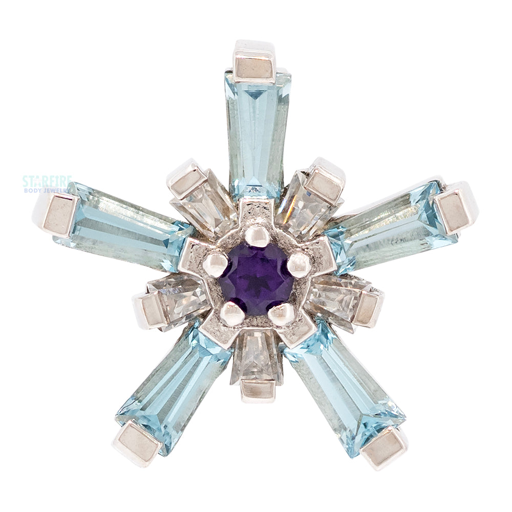"Mininova" Threaded End in Gold with Swiss Blue Topaz' & White CZ's Surrounding an Amethyst