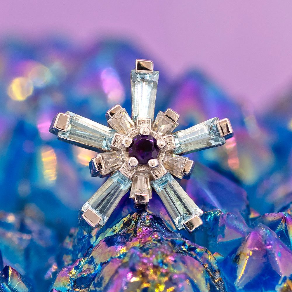 "Mininova" Threaded End in Gold with Swiss Blue Topaz' & White CZ's Surrounding an Amethyst