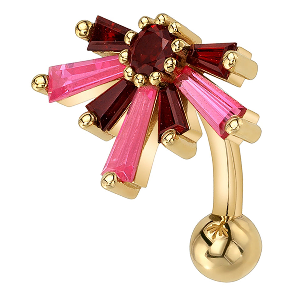 "Supernova" Top Loader Navel Curve in Gold & Platinum with Padparadscha Sapphire & Garnet