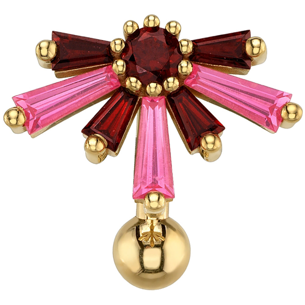 "Supernova" Top Loader Navel Curve in Gold & Platinum with Padparadscha Sapphire & Garnet