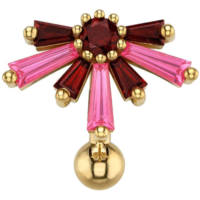"Supernova" Top Loader Navel Curve in Gold & Platinum with Padparadscha Sapphire & Garnet