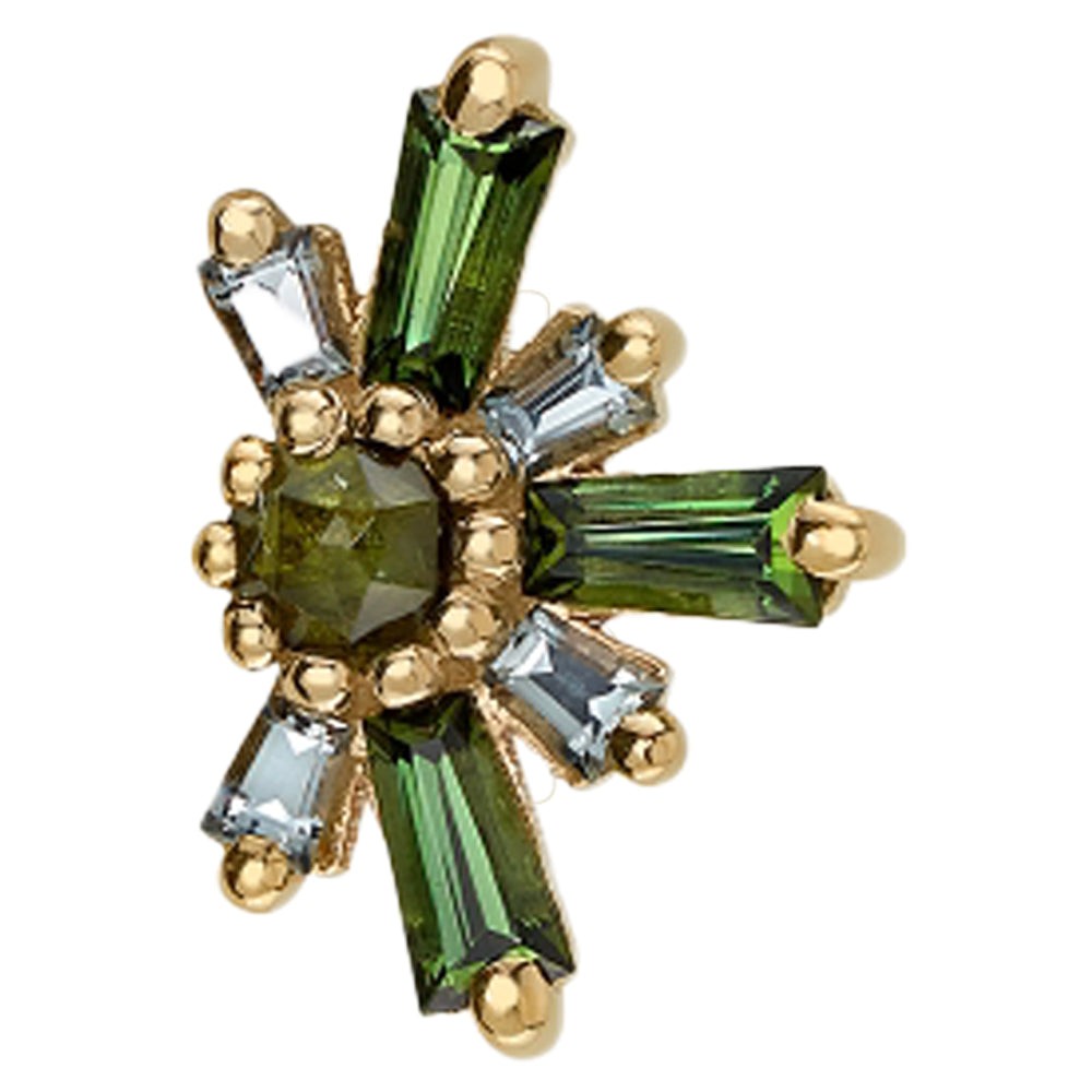 "Half Supernova" Threaded End in Gold with Green Tourmaline & Grey Sapphire