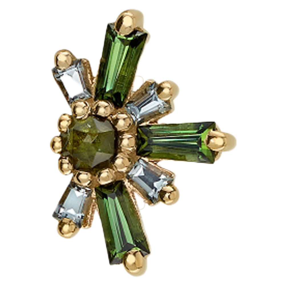 "Half Mininova" & "Half Supernova" Threaded End in Gold with Green Tourmaline & Grey Sapphire