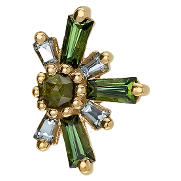 "Half Mininova" & "Half Supernova" Threaded End in Gold with Green Tourmaline & Grey Sapphire