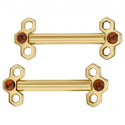 Honeycomb Forward Facing Nipple Barbells in Gold with Citrine Cabochons