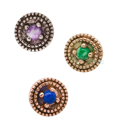 Double Millgrain Round Threaded End in Gold with Stone Cabochon in Prong's