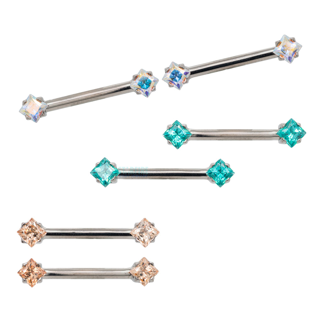 threadless: Princess-Cut Brilliant-Cut Gems Side-Set Nipple Barbells in Prong's - 1/2" - pair