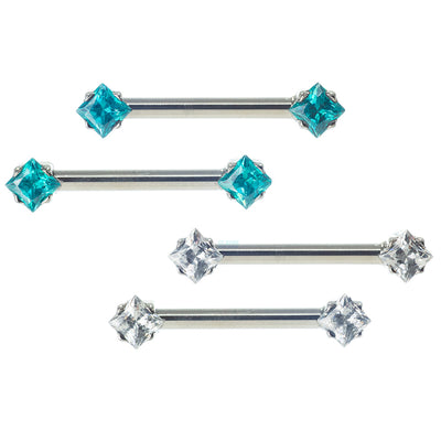 threadless: Princess-Cut Brilliant-Cut Gems Side-Set Nipple Barbells in Prong's - 5/8" - pair