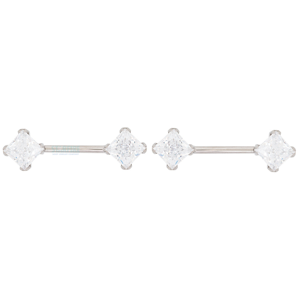 threadless: Princess-Cut Brilliant-Cut Gems Side-Set Nipple Barbells in Prong's - 5/8" - pair