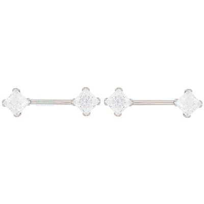 threadless: Princess-Cut Brilliant-Cut Gems Side-Set Nipple Barbells in Prong's - 5/8" - pair