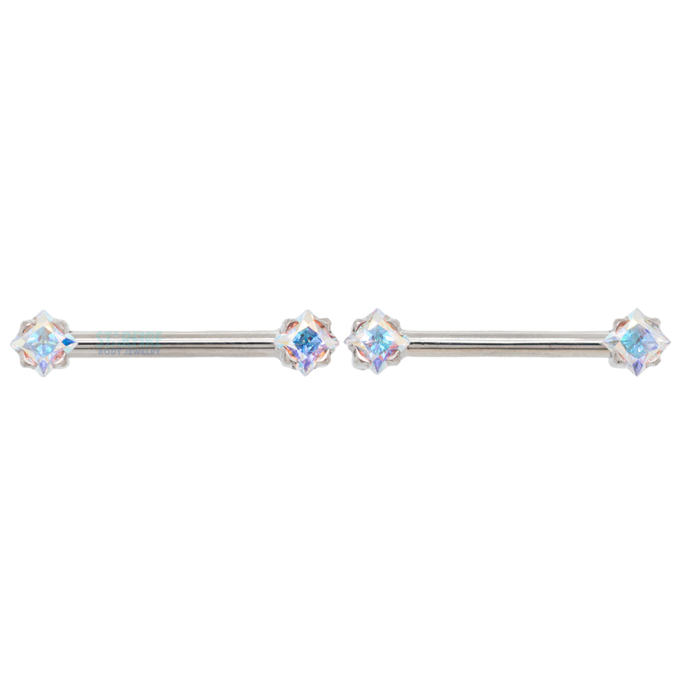 threadless: Princess-Cut Brilliant-Cut Gems Side-Set Nipple Barbells in Prong's - 1/2" - pair
