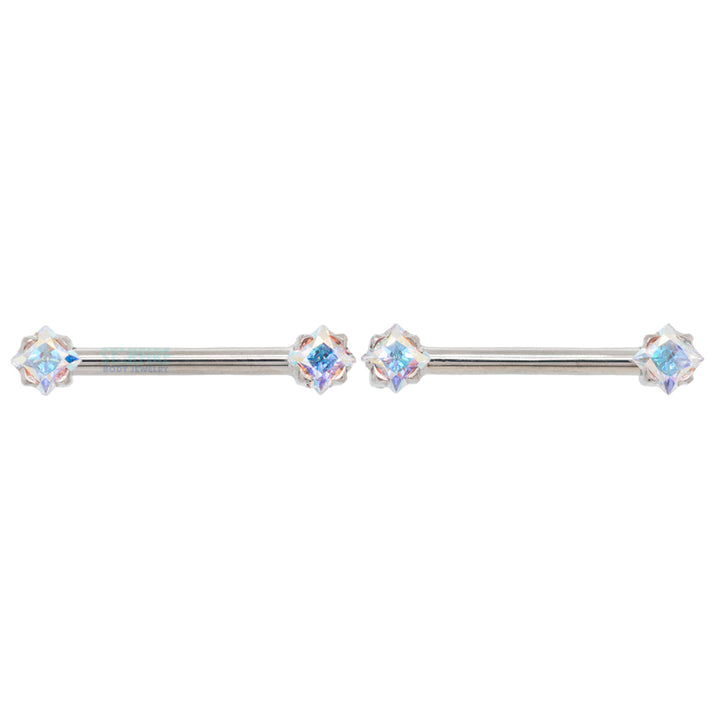 threadless: Princess-Cut Brilliant-Cut Gems Side-Set Nipple Barbells in Prong's - 1/2" - pair