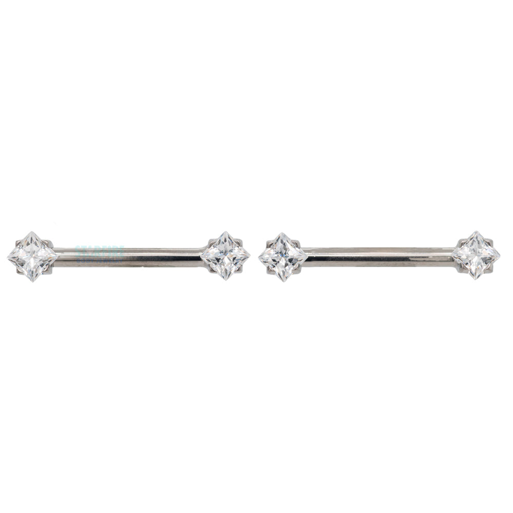 threadless: Princess-Cut Brilliant-Cut Gems Side-Set Nipple Barbells in Prong's - 1/2" - pair