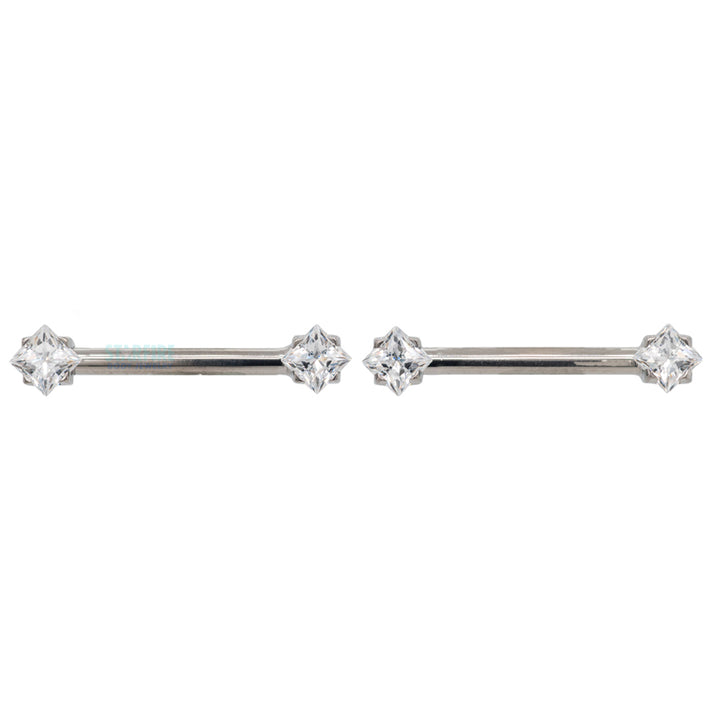 threadless: Princess-Cut Brilliant-Cut Gems Side-Set Nipple Barbells in Prong's - 1/2" - pair