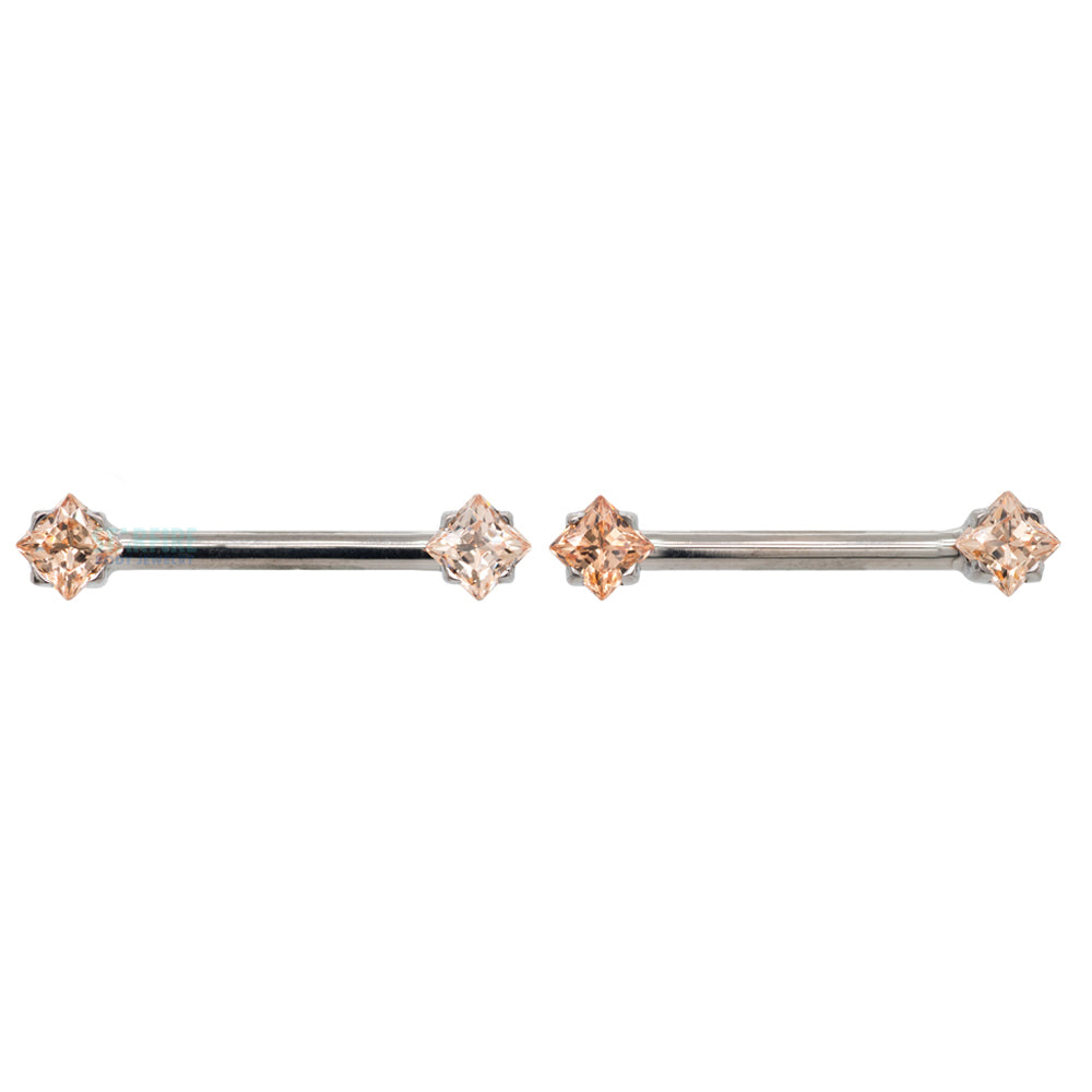 threadless: Princess-Cut Brilliant-Cut Gems Side-Set Nipple Barbells in Prong's - 1/2" - pair