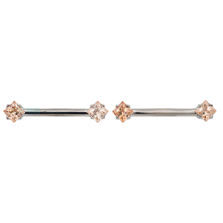 threadless: Princess-Cut Brilliant-Cut Gems Side-Set Nipple Barbells in Prong's - 1/2" - pair