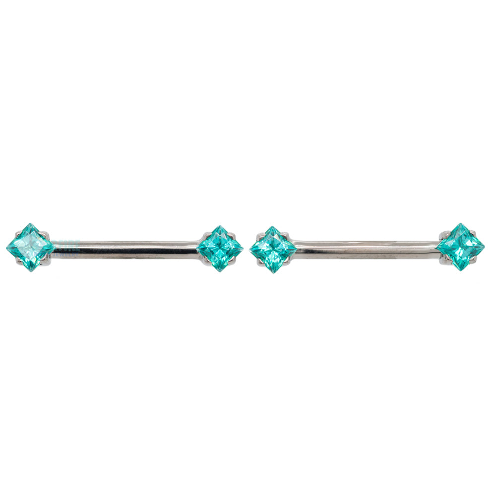 threadless: Princess-Cut Brilliant-Cut Gems Side-Set Nipple Barbells in Prong's - 1/2" - pair