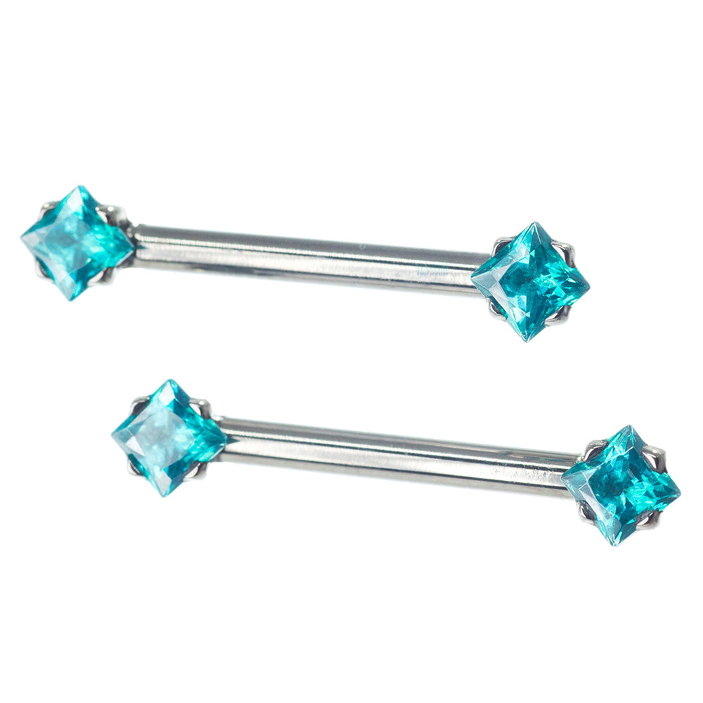 threadless: Princess-Cut Brilliant-Cut Gems Side-Set Nipple Barbells in Prong's - 1/2" - pair