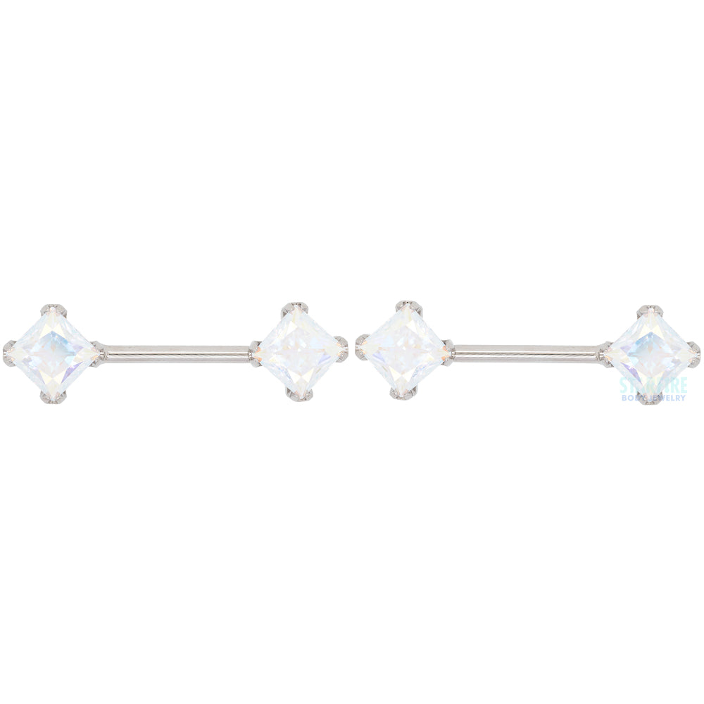 threadless: Princess-Cut Brilliant-Cut Gems Side-Set Nipple Barbells in Prong's - 1/2" - pair
