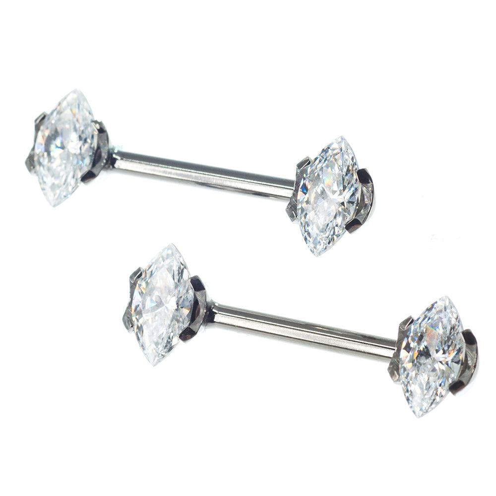 threadless: Marquise-Cut Brilliant-Cut Gems Side-Set Nipple Barbells in Prong's - 1/2" - pair