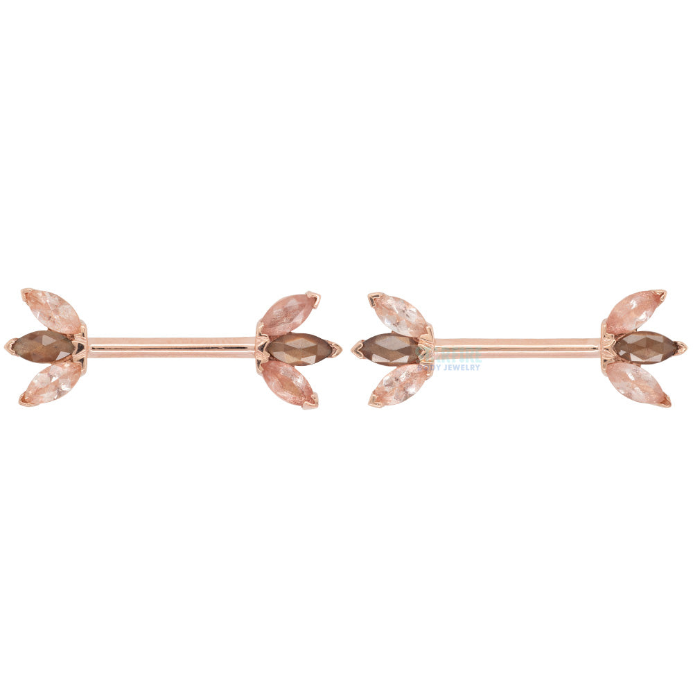 Triple Marquise Fan Forward Facing Nipple Barbells in Gold & Platinum with Oregon Sunstone & Zawadi Sapphire