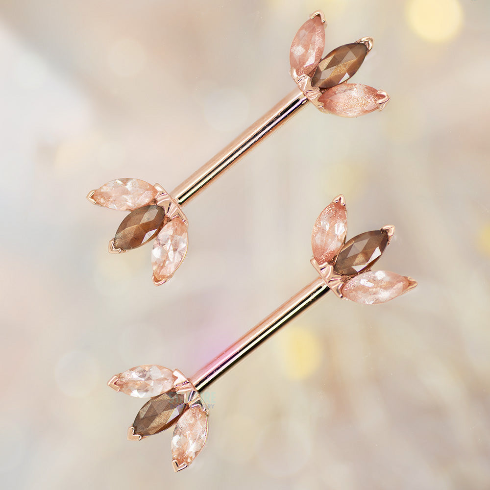 Triple Marquise Fan Forward Facing Nipple Barbells in Gold & Platinum with Oregon Sunstone & Zawadi Sapphire