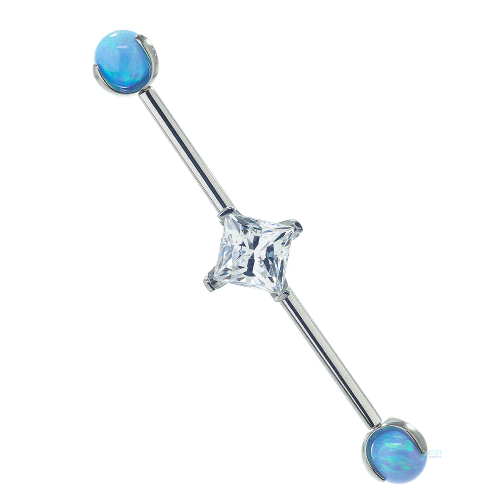 Princess-Cut Faceted Gem Industrial Barbell with Opal Balls in Prong's