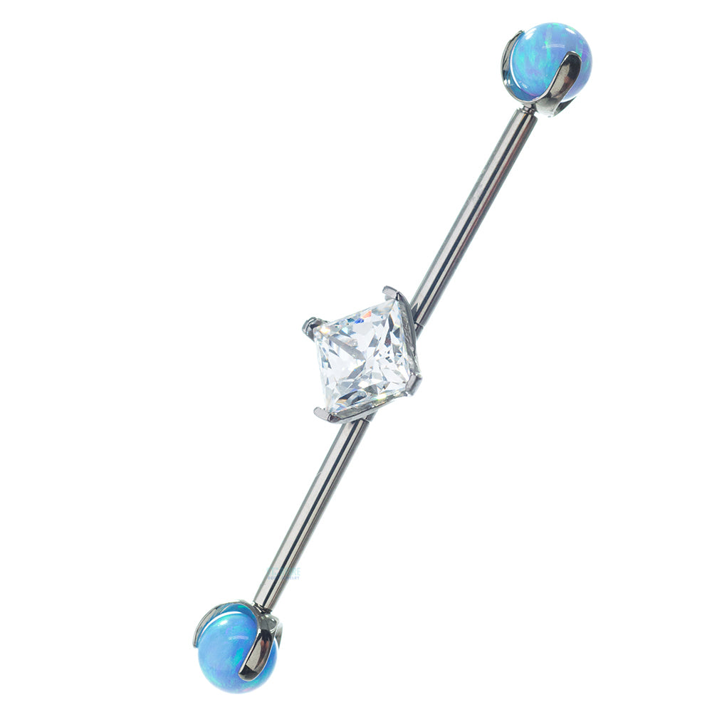 Princess-Cut Faceted Gem Industrial Barbell with Opal Balls in Prong's
