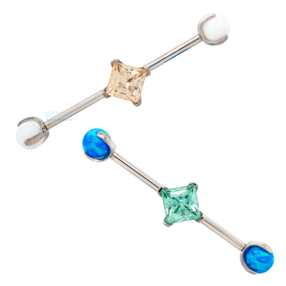 Princess-Cut Faceted Gem Industrial Barbell with Opal Balls in Prong's