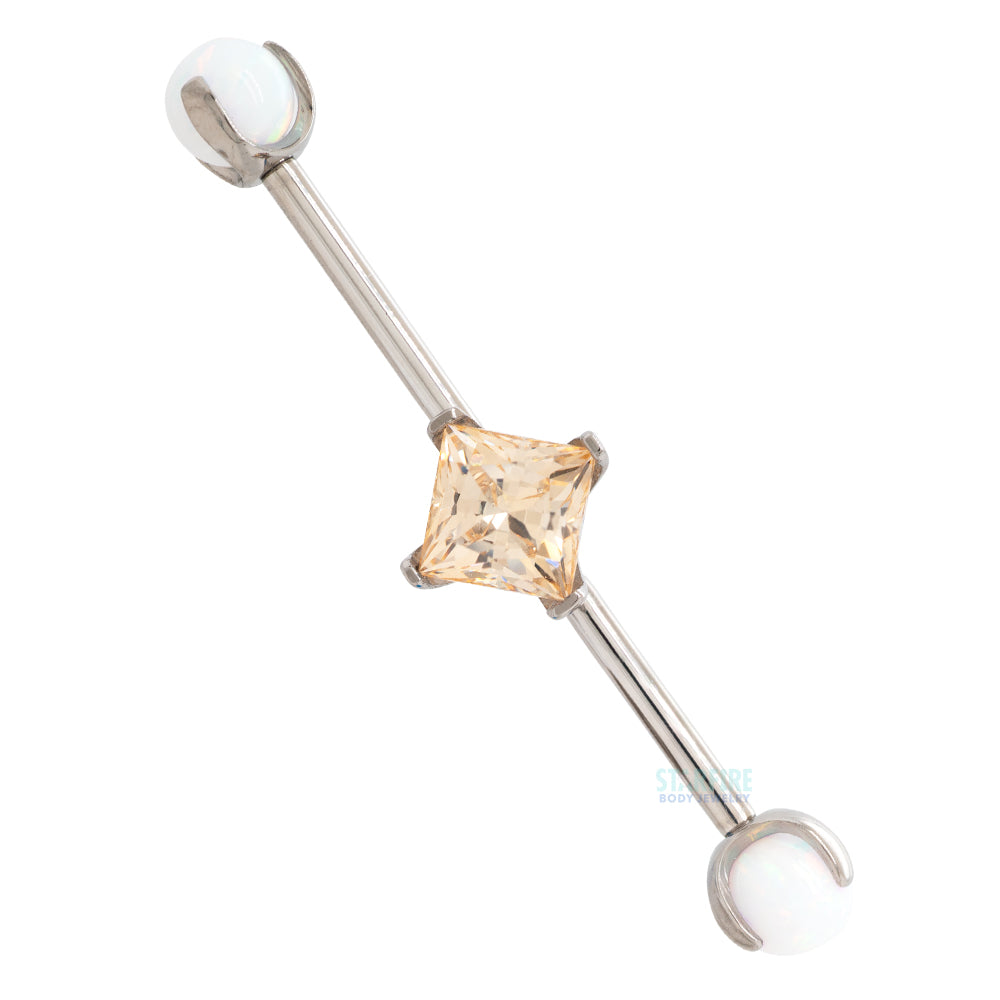 Princess-Cut Faceted Gem Industrial Barbell with Opal Balls in Prong's