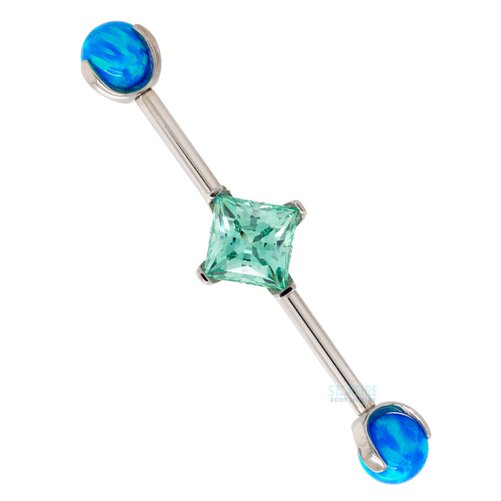 Princess-Cut Faceted Gem Industrial Barbell with Opal Balls in Prong's