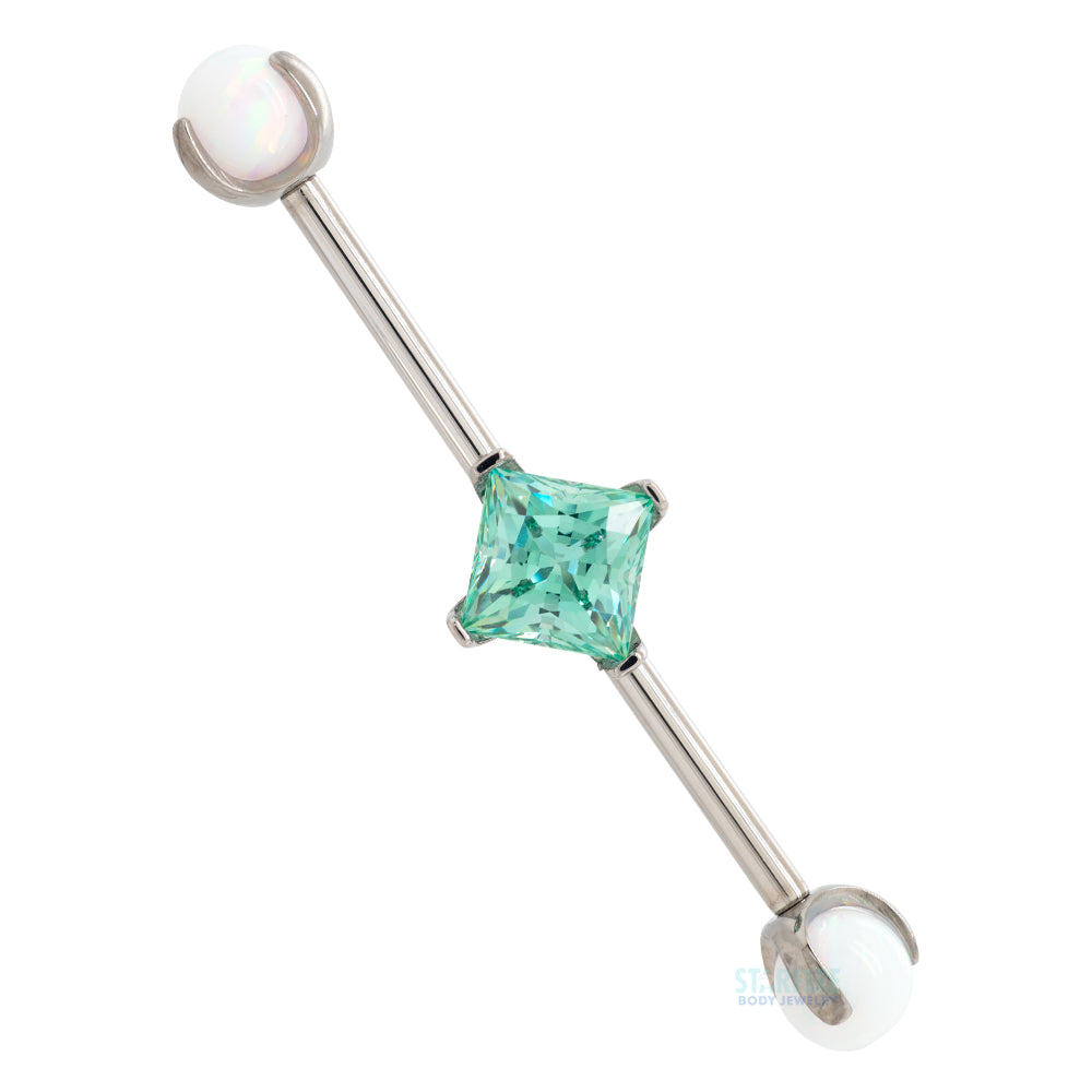 Princess-Cut Faceted Gem Industrial Barbell with Opal Balls in Prong's