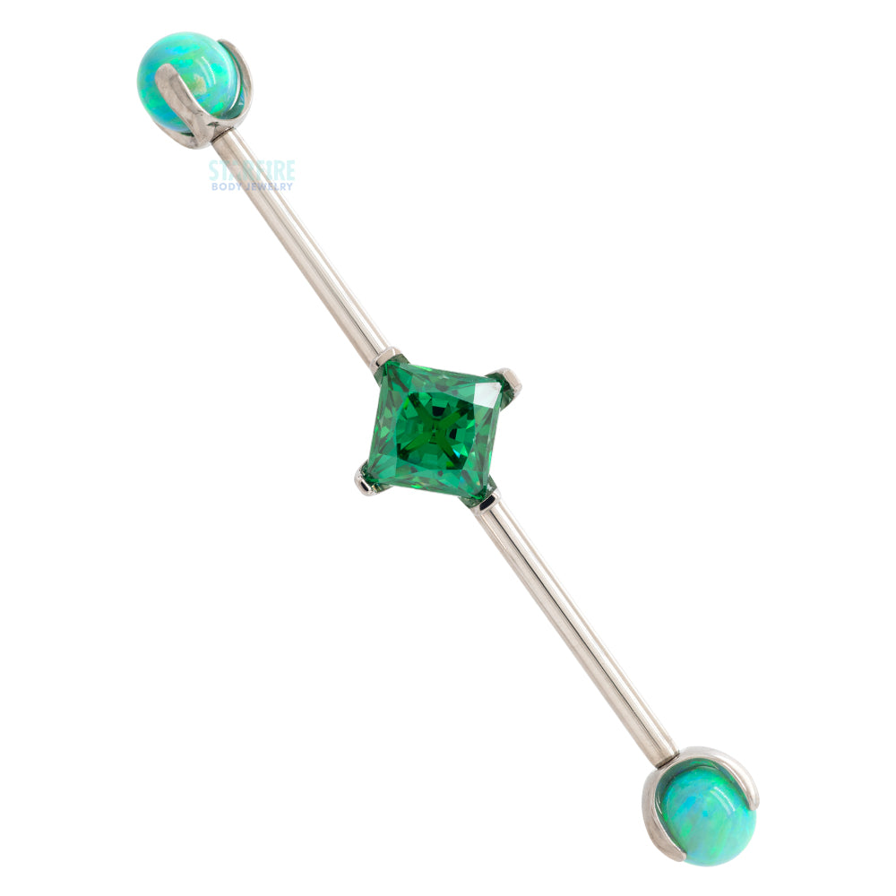 Princess-Cut Faceted Gem Industrial Barbell with Opal Balls in Prong's