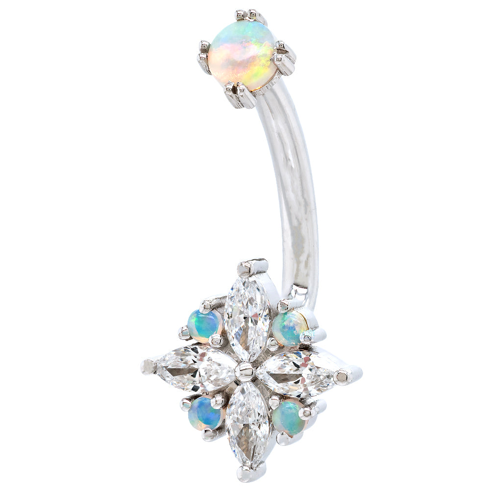 "Pleades" Navel J Curve in Gold & Platinum with White CZ & Genuine White Opals
